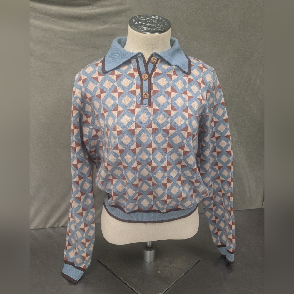Cider Geometric Knit Polo Sweater — Light Blue & Brown M